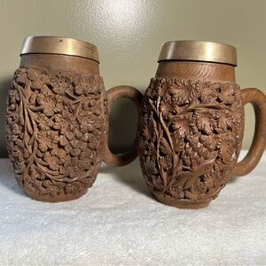 2 different Vintage Hand Carved Wooden Beer Mugs Brass Insert Stein